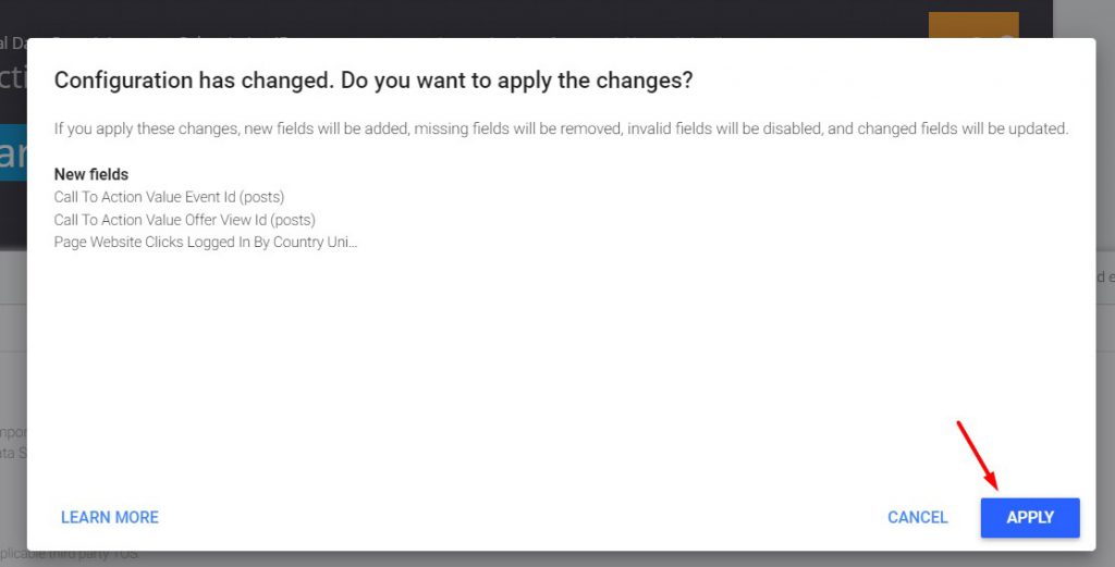 A popup to confirm that you want to apply the changes to the configuration.